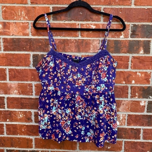 Torrid 1 Womens Blue Floral Multicolor Challis Shirred Back Spaghetti Strap Tank - Picture 8 of 8
